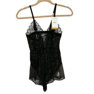 NWT DKNY Black Lace Bodysuit Shapewear Small Sheer Lingerie Teddy Mesh Trim